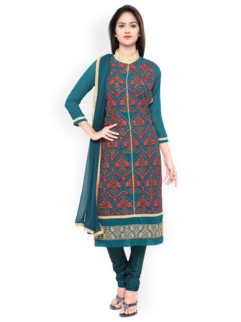 

Kvsfab Teal Green & Pink Poly Georgette Unstitched Dress Material