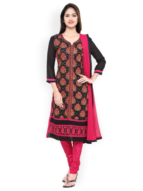 

Kvsfab Black & Pink Poly Georgette Unstitched Dress Material