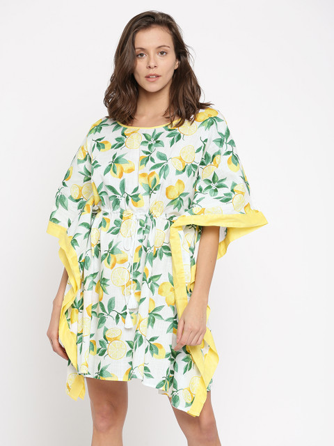 

The Kaftan Company White & Green Printed Kaftan Cover-Up Dress