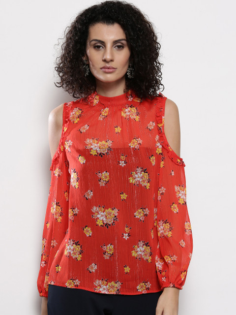 

DOROTHY PERKINS Women Coral Red Floral Print Cold Shoulder Top