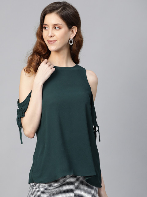 

DOROTHY PERKINS Women Green Solid Cold-Shoulder A-Line Top