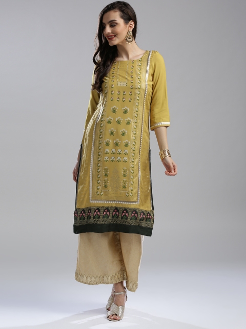 

W Women Mustard Yellow & Olive Green Printed Straight Kurta