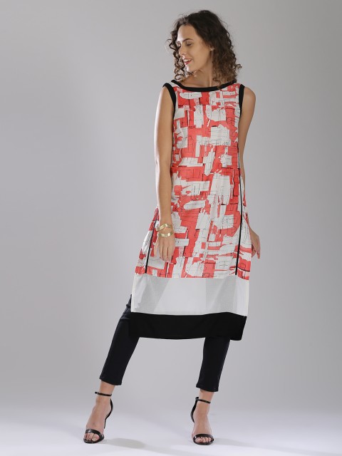 

W Women White & Coral PinkPrinted Straight Kurta