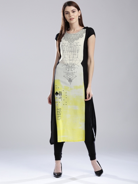 

W Women White & Black Printed Straight Kurta