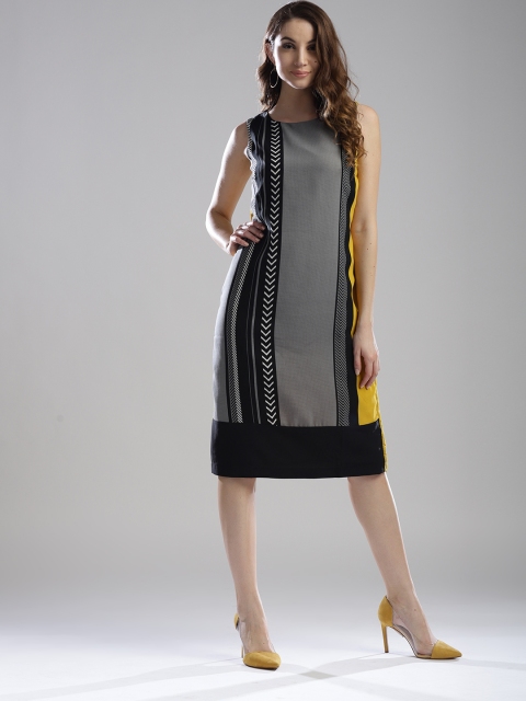 

W Women Grey & Mustard Yellow Printed Sheath Dress