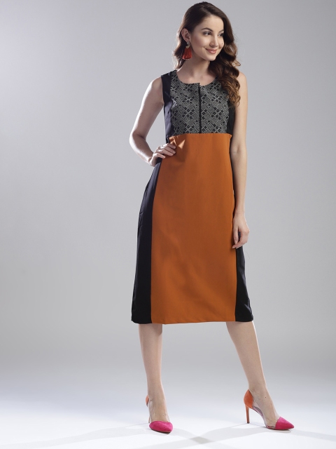 

W Women Black & Rust Brown Colourblocked Sheath Dress