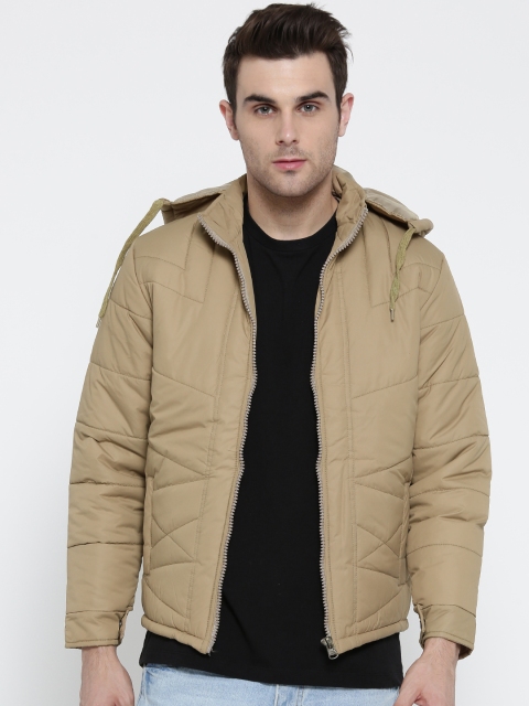 

Foreign Culture Men Beige Solid Padded Jacket with Detachable Hood