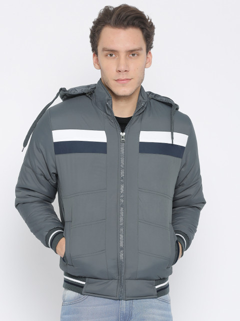 

Foreign Culture Men Grey Solid Bomber Jacket with Detachable Hood