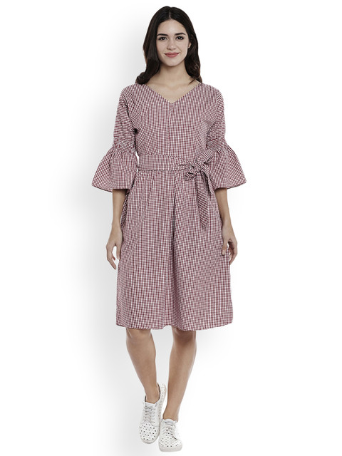 

Athena Women Maroon & White Checked Fit & Flare Dress