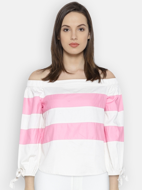 

Vero Moda Women Pink & Off-White Striped Bardot Top