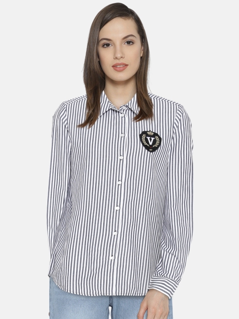 

Vero Moda Women White & Grey Regular Fit Striped Casual Shirt