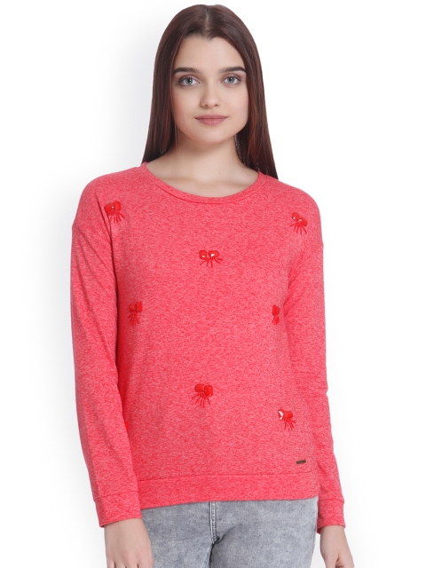 Vero Moda Women Coral Red Embellished Sweatshirt