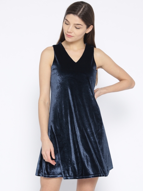 

Vero Moda Women Navy Blue Solid Velvet Finish A-Line Dress