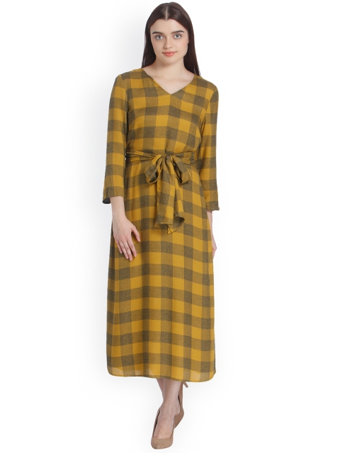 

Vero Moda Women Mustard Yellow Checked A-Line Dress