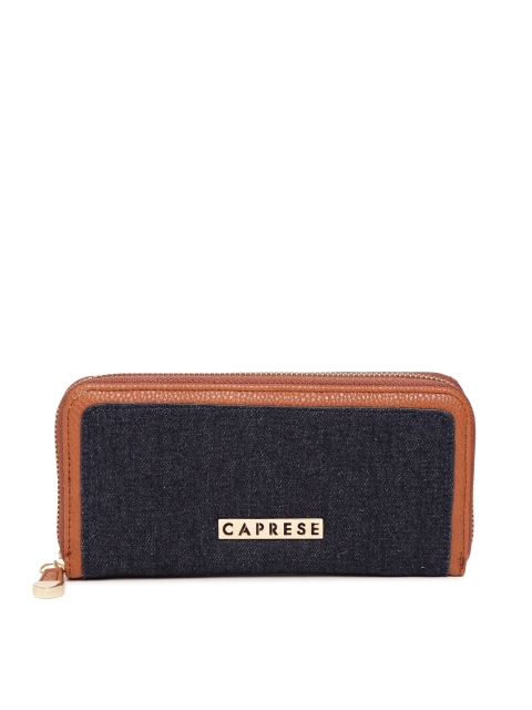 

Caprese Women Navy & Brown Studded Denim Zip Around Wallet, Navy blue