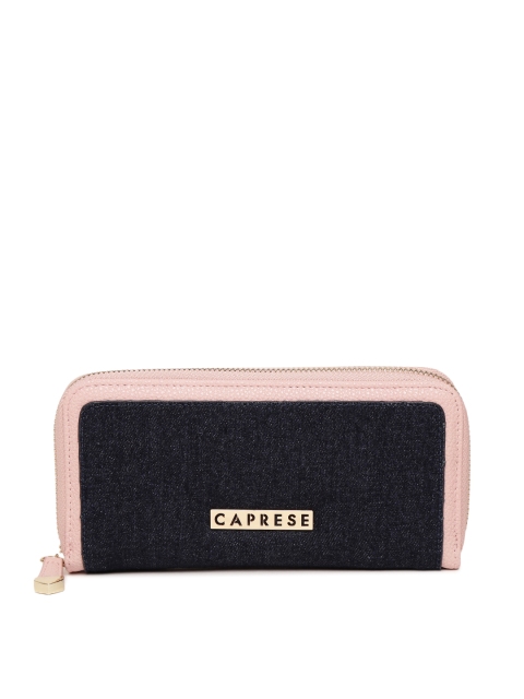 

Caprese Women Navy & Pink Studded Denim Zip Around Wallet, Navy blue
