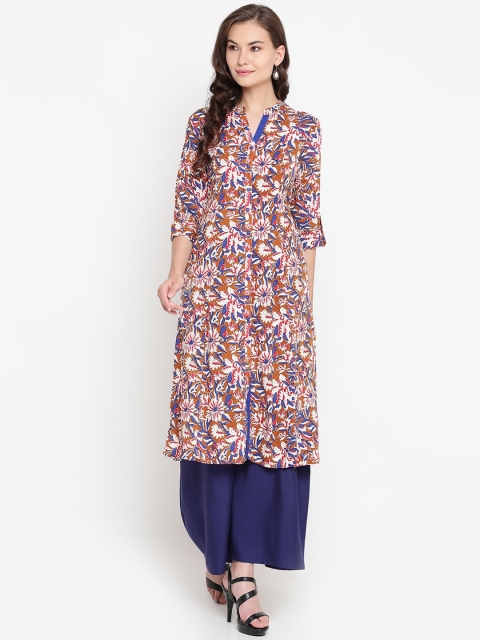 

Shree Women Olive Brown & Blue Printed A-Line Kurta