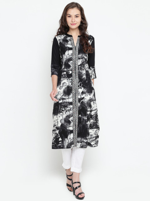 

Shree Women Black & Off-White Printed Straight Kurta