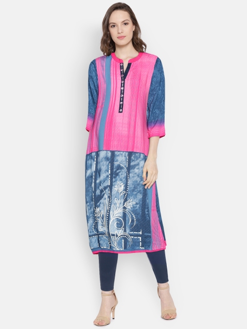 

Shree Women Pink & Blue Printed Straight Kurta