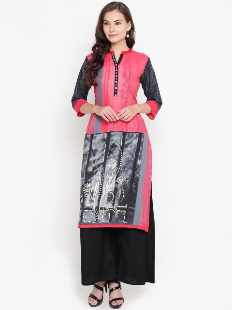 

Shree Women Coral Pink & Grey Printed Straight Kurta