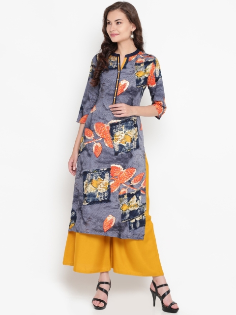 

Shree Women Blue & Mustard Yellow Printed Straight Kurta