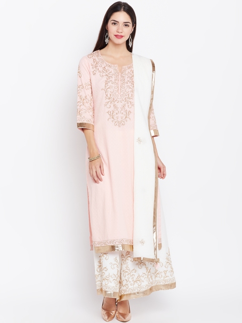

Biba Women Pink & Off-White Embroidered Kurta with Palazzos & Dupatta