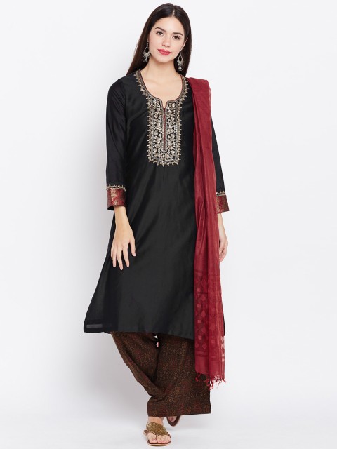 

Biba Women Black & Brown Embroidered Kurta with Palazzos & Dupatta