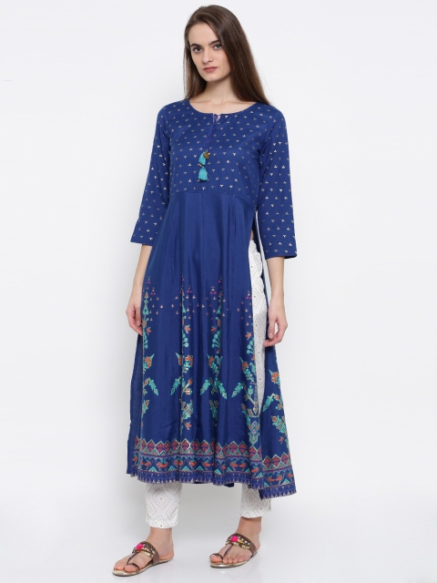 

Global Desi Women Blue Printed A-Line Kurta
