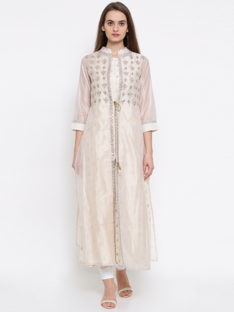 

Global Desi Women Cream & Taupe Embroidered Straight Kurta with Jacket