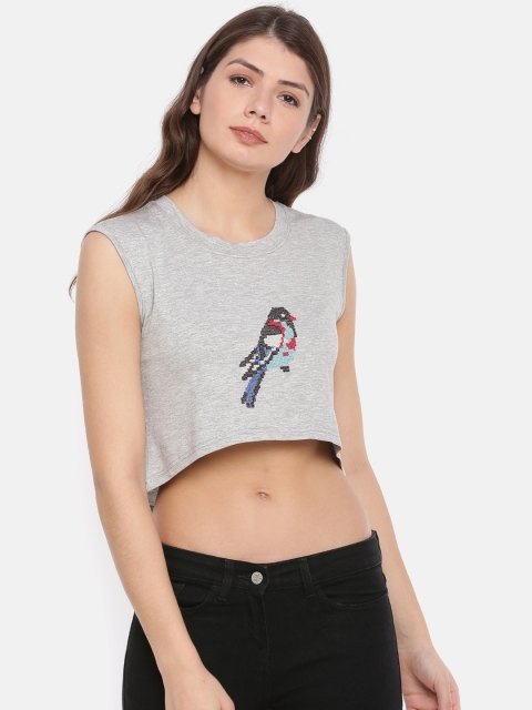 

Global Desi Women Grey Self-Design Crop Top