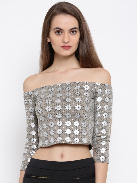 

Global Desi Women Grey & Silver-Toned Printed Bradot Top