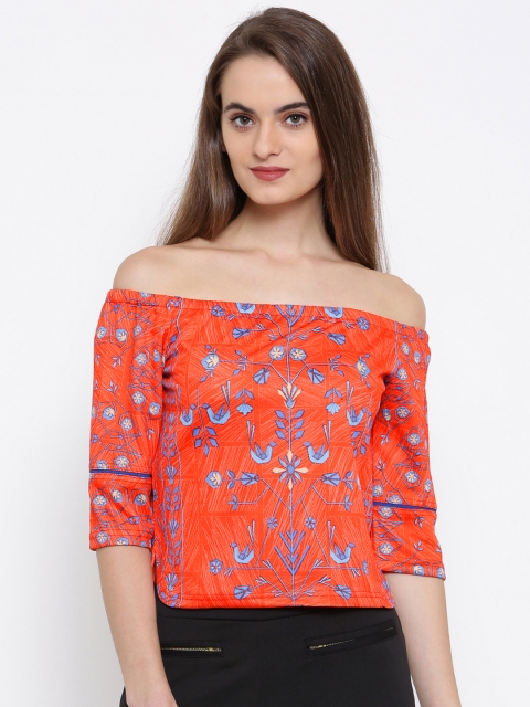 

Global Desi Women Orange Printed Bardot Top