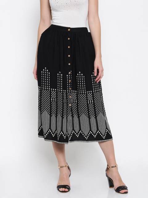 

Global Desi Women Black Printed A-Line Midi Skirt