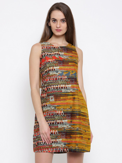 

Global Desi Women Mustard Yellow Printed A-Line Dress