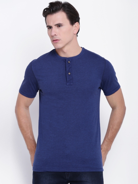 

Foreign Culture Men Navy Blue Solid Henley Neck T-shirt