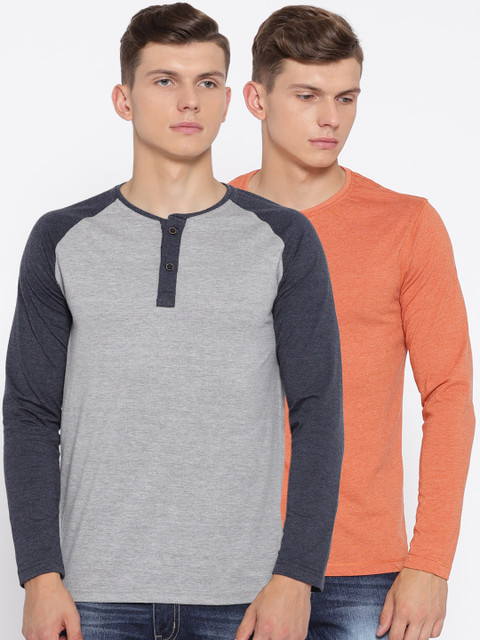 

Foreign Culture Men Pack of 2 Solid Henley Neck T-shirts, Grey melange