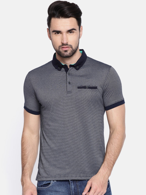 

Foreign Culture Men Navy Blue Self-Design Polo Collar T-shirt