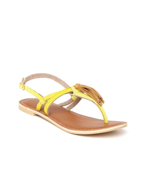 

Zebba Women Lemon Yellow Solid Leather T-Strap Flats