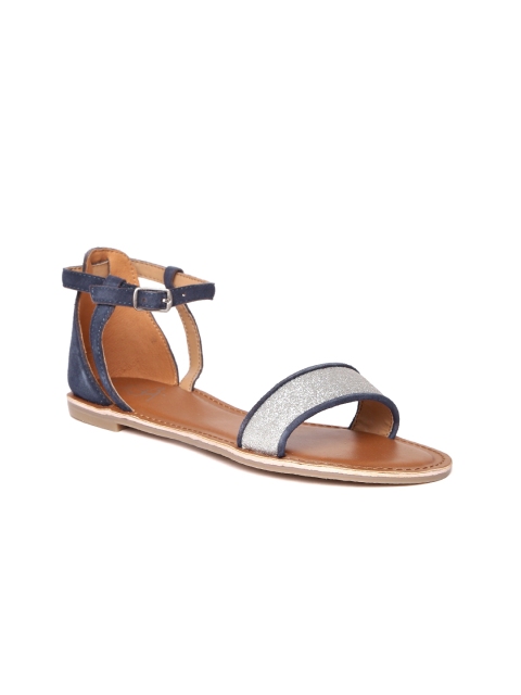 

Zebba Women Silver-Toned & Blue Shimmer Leather Open Toe Flats