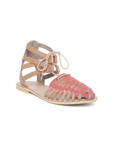 

Zebba Women Beige & Coral Pink Leather Gladiators