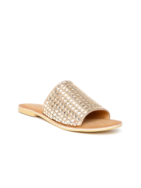 

Zebba Women Gold-Toned Solid Embellished Leather Flats