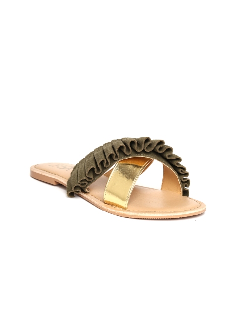 

Zebba Women Green & Gold-Toned Pleated Leather Open Toe Flats
