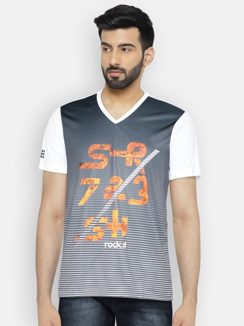 

rock.it Men Grey & White Printed Swift Dry V-Neck T-shirt