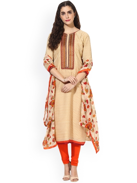 

Saree mall Beige & Red Cotton Blend Unstitched Dress Material