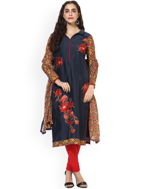 

Saree mall Navy Blue & Red Embroidered Silk Blend Unstitched Dress Material