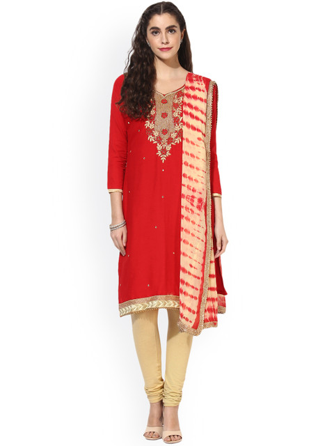 

Saree mall Red & Beige Cotton Blend Unstitched Dress Material
