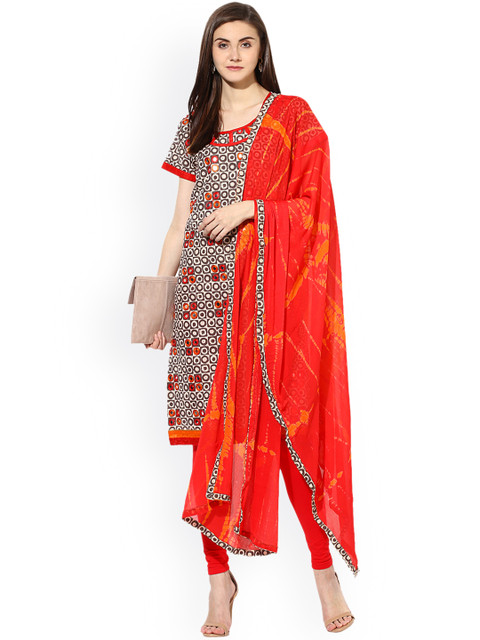 

Saree mall Cream-Coloured & Red Cotton Blend Unstitched Dress Material