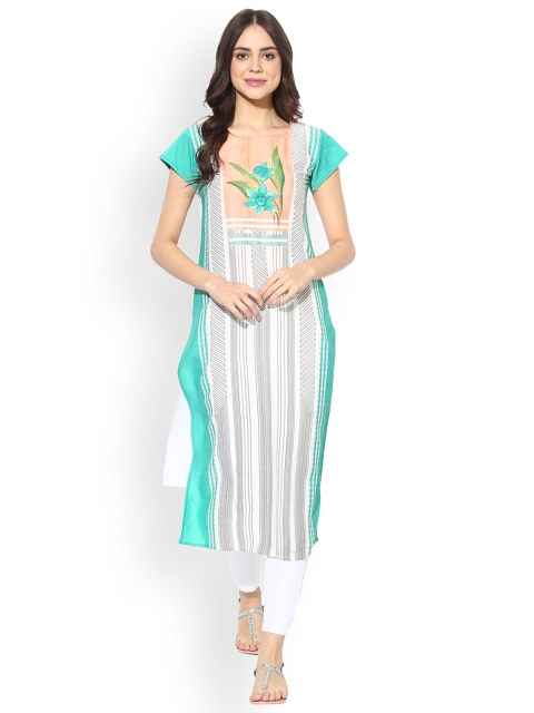 

Vaamsi Women Sea Green & White Printed Straight Kurta
