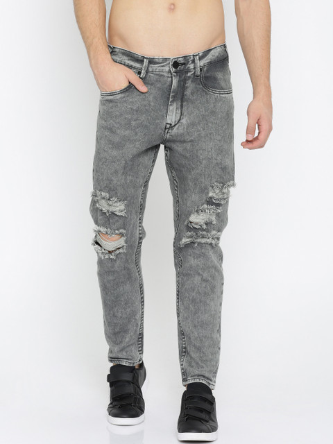 

HERE&NOW Men Grey Slim Fit Cropped Mid-Rise Highly Distressed Stretchable Jeans