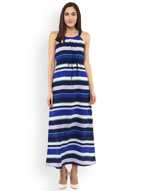 

109F Women Navy Blue Striped Maxi Dress
